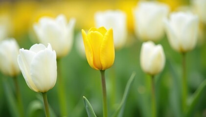 Lone yellow tulip amongst white tulips, isolated , plant, product photography