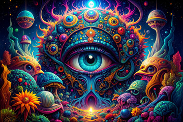 Psychedelic Eye Surrounded by Vibrant Fantasy Creatures and Cosmic Elements – Digital Art