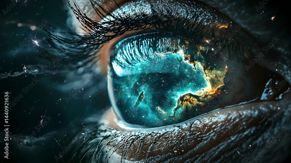 Poster a captivating eye reflects the cosmos. a symbol of boundless imagination and wonder. ideal for scien