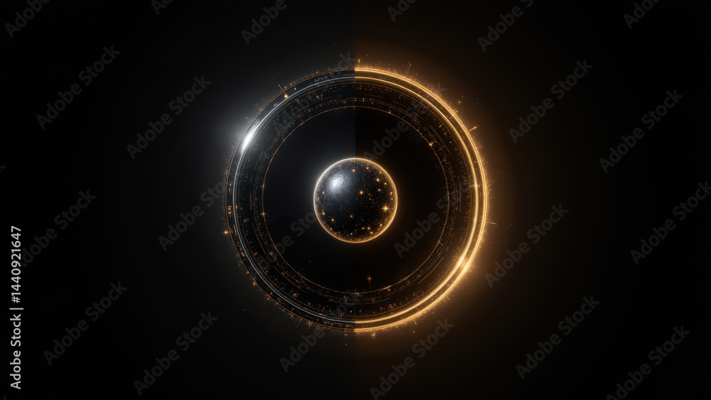 Poster atomic structure with a vibrant glow of energy particles.