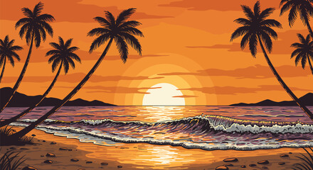 Tropical Beach Sunset Vector Art