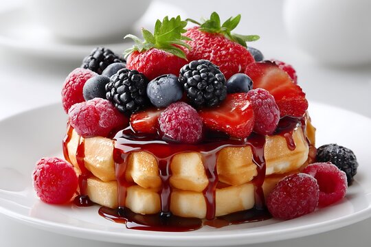 Golden waffles topped with fresh berries and syrup, isolated on a diffrent collers or white background, perfect for a delicious breakfast.