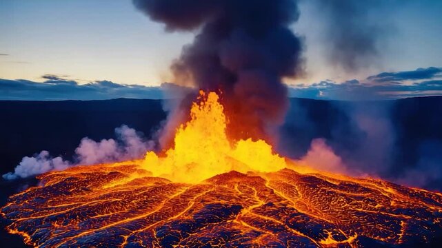 Erupting volcano at dusk