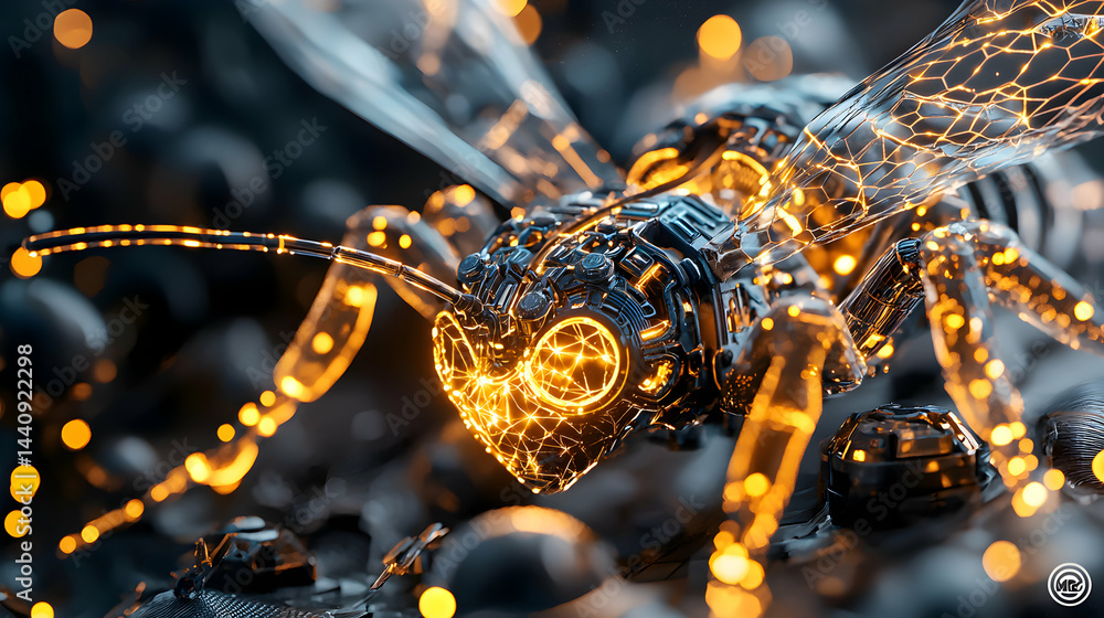Poster a futuristic robotic bee with glowing circuits. imagine it as a reconnaissance drone or a bio-integr