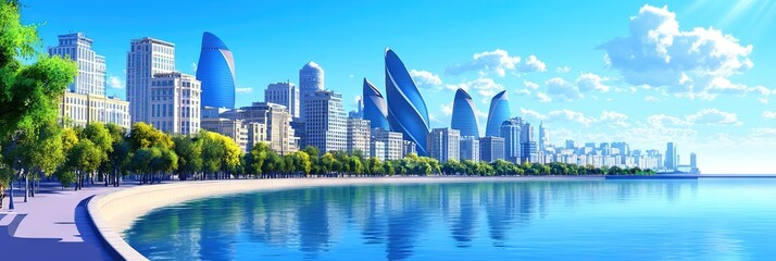 2d animation baku azerbaijan downtown skyline 