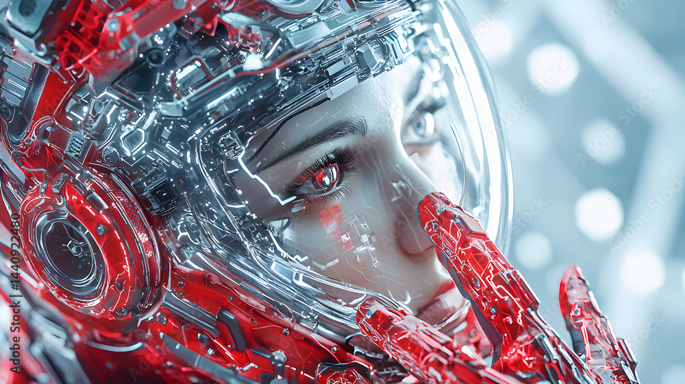 Poster a futuristic cyborg portrait with glowing red eyes and advanced technology. possible use: sci-fi art