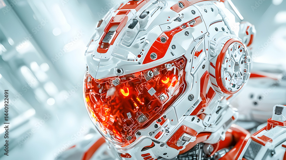 Poster a close-up of a futuristic robot's helmet design white and red colors. application could be used for
