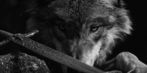 black and white portrait of a wolf with a sword
