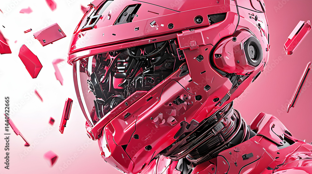 Poster a futuristic robot head in pink with mechanical details. could be used as a striking visual for scie