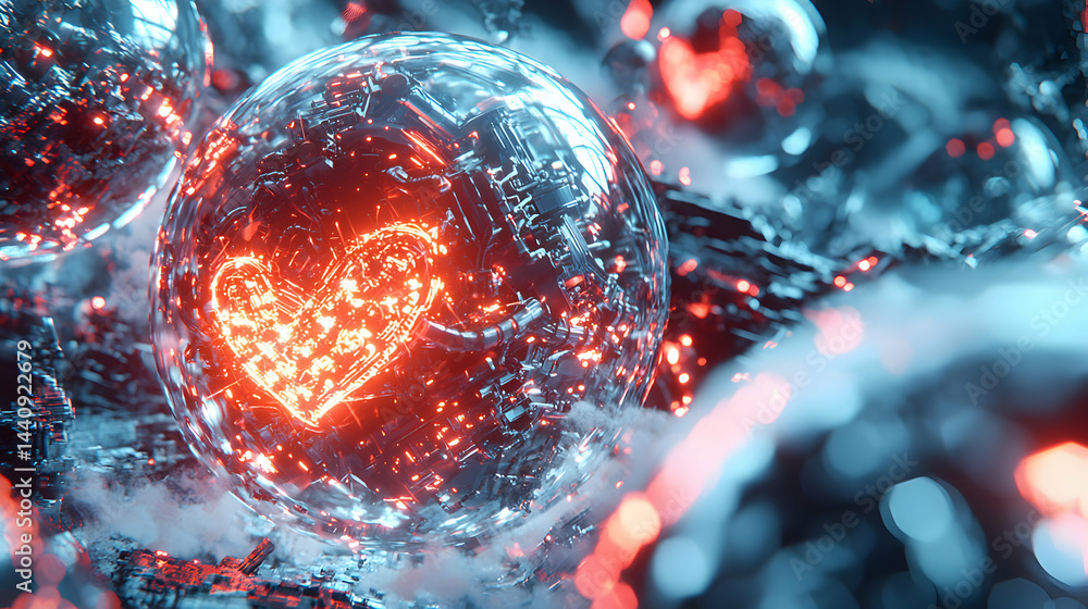Poster futuristic image shows glowing heart embedded in a mechanical sphere. it symbolizes digital love or 