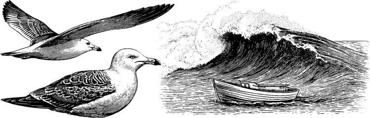 Seagull and ocean wave engraving with boat scene for nautical designs