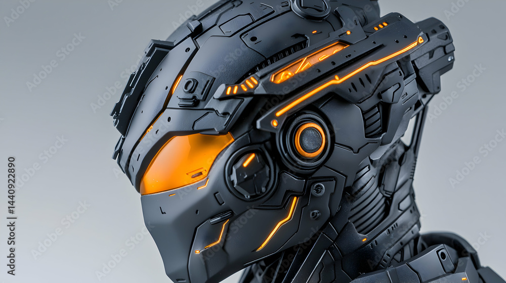 Poster a detailed close-up of a futuristic robot helmet with intricate design. perfect for sci-fi or concep