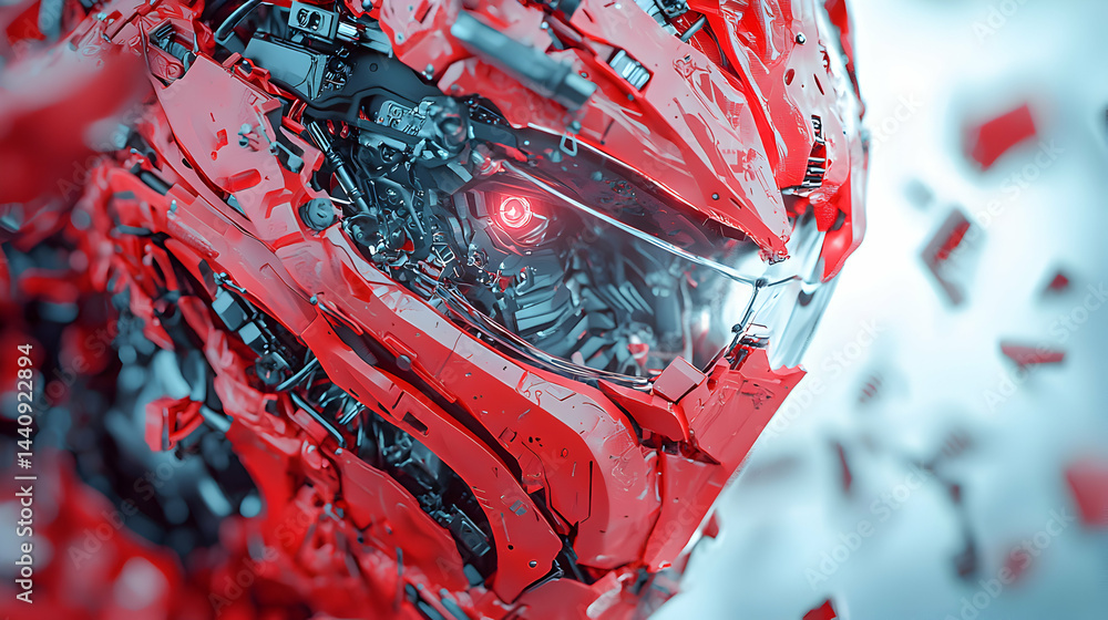 Poster this image showcases a futuristic robotic head with a glowing red eye and intricate mechanical detai