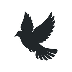 Minimalist Black Silhouette Of A Flying Dove Depicting Peace Freedom And Spirituality On An Isolated White Background Symbol