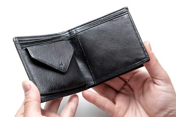 Hands holding an open empty black leather wallet, isolated on a diffrent collers or white background, representing modern luxury and practicality.