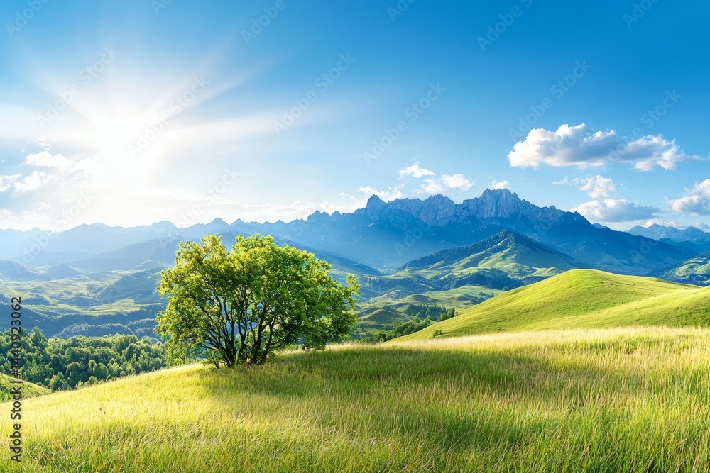 Poster tree is standing in a grassy field with mountains in the background