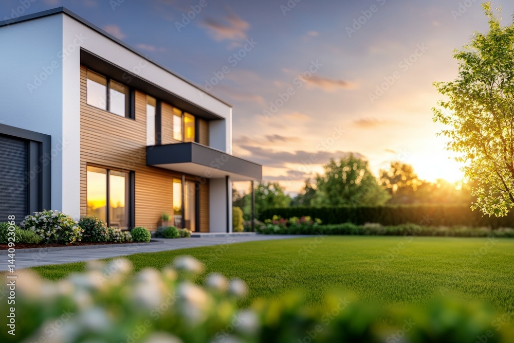 Poster a large house with a large yard and a tree in the background