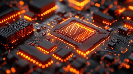 Glowing Circuits: A Close-Up of a Computer Microchip's Intricate Design