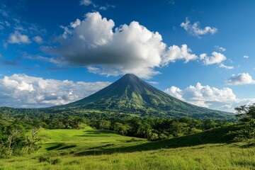 A mountain with a green forest in the background
