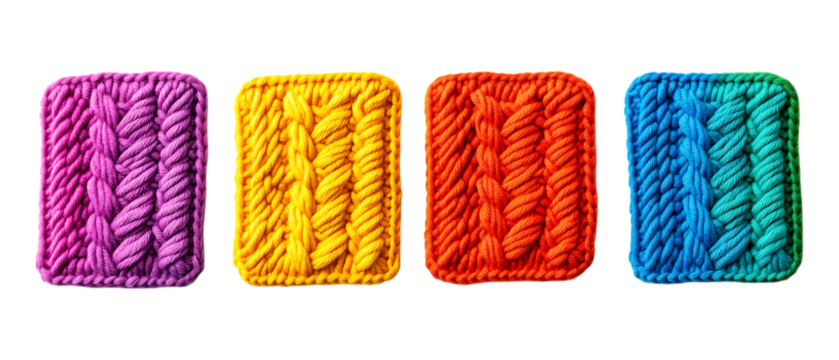 Pack of Colorful Knitted Coasters Against Transparent Background for Home Decor Branding, Craft Promotion, or Handmade Design Projects