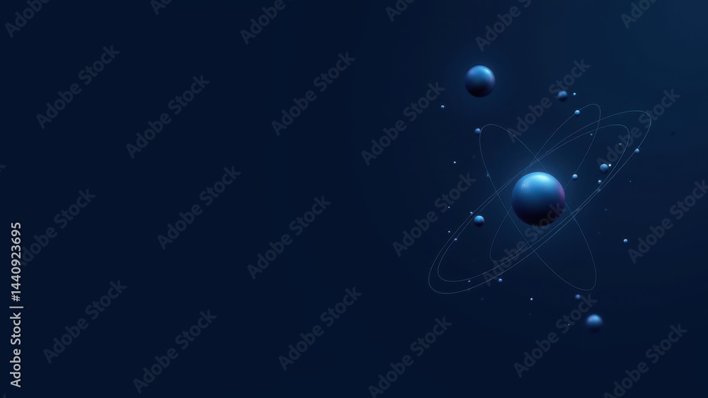 Poster abstract illustration featuring an atomic structure with floating atoms against a dark blue backgrou