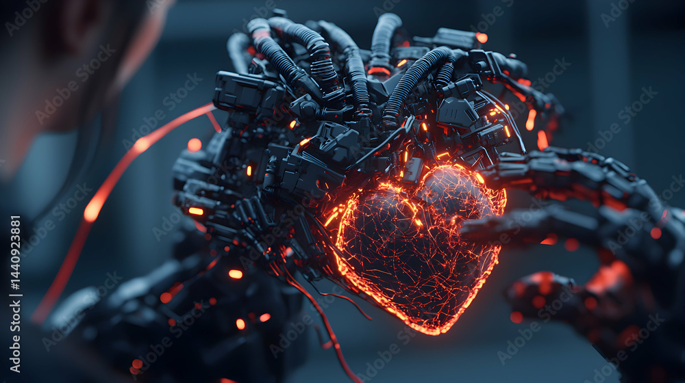Poster a futuristic heart concept rendered in a sci-fi style. it depicts a glowing heart with tech elements