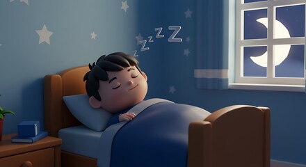 Sweet Dreams: Cartoon Boy Asleep in Cozy Bedroom at Night