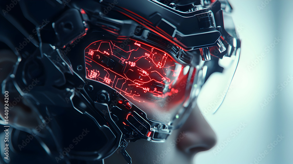 Poster a futuristic visor displays glowing red circuits. it could be a concept design for augmented reality