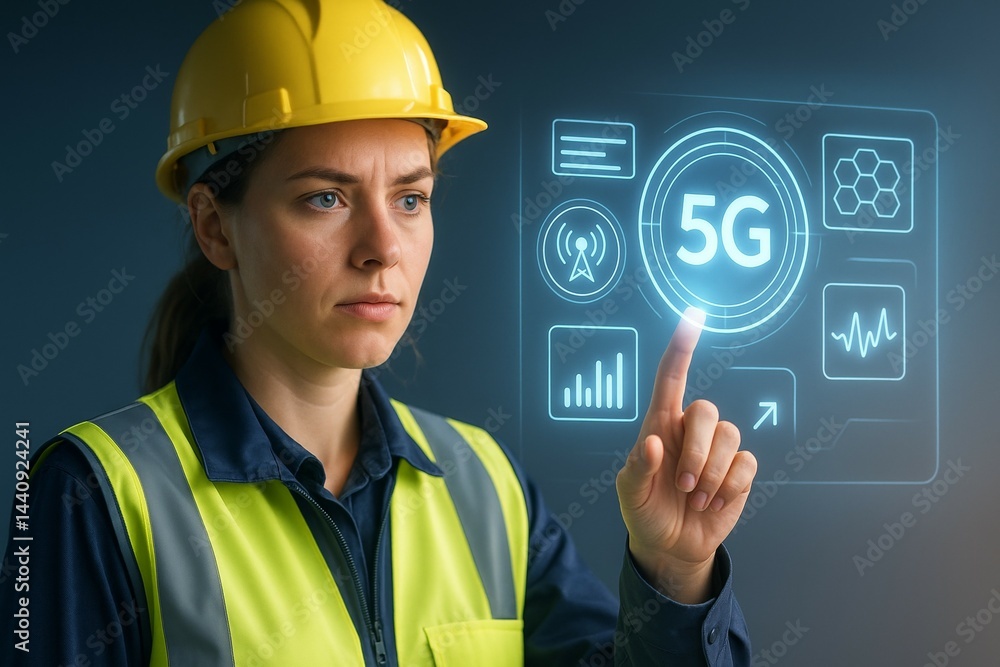 Aufkleber female engineer interacts with 5g interface display in construction setting