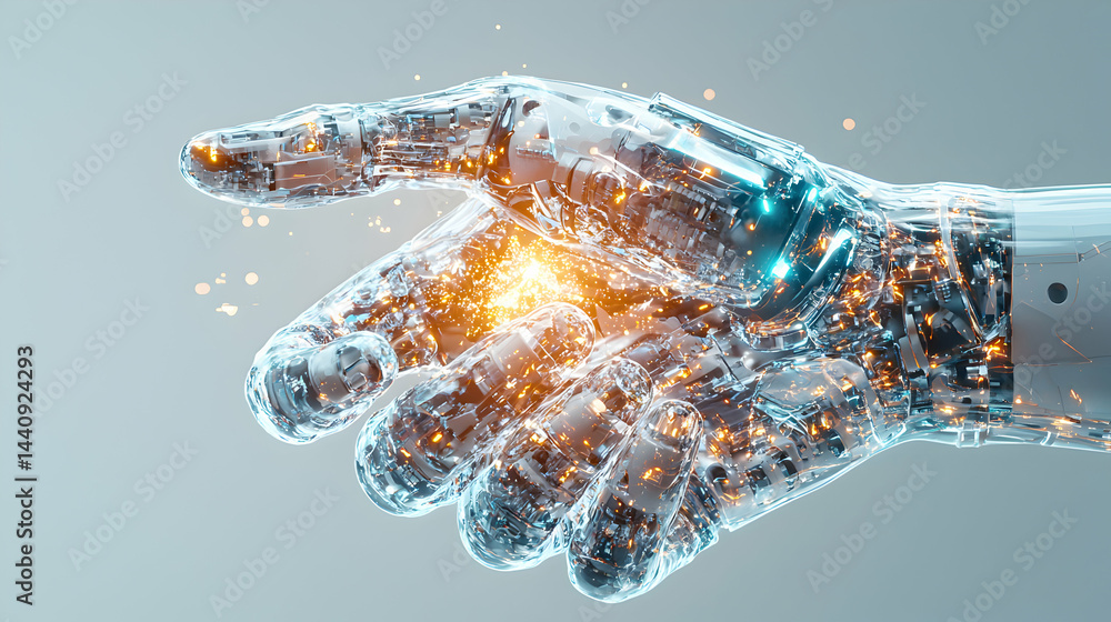Poster a futuristic image depicts a transparent robotic hand with intricate internal structures and glowing
