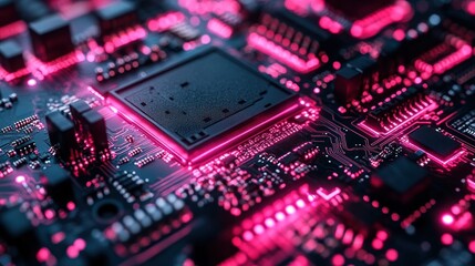 Close-up of a Circuit Board with Glowing Pink Tracers