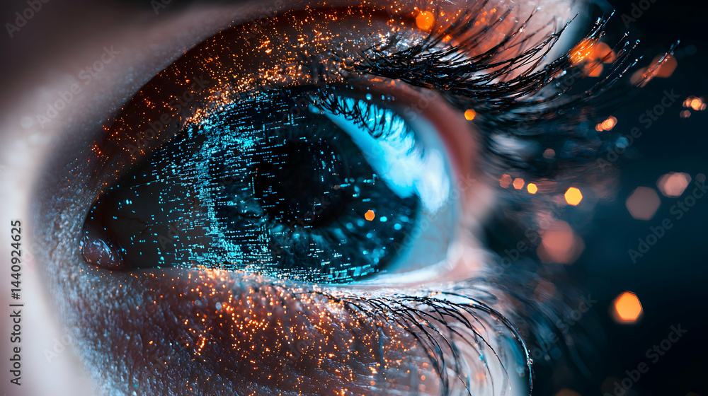 Poster a futuristic digital eye with data streams and glowing particles. use it to represent ai or technolo