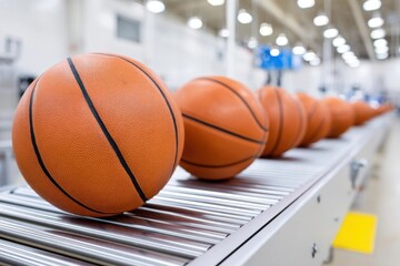 New basketballs on a conveyor belt in factory, ready for distribution, manufacturing process.