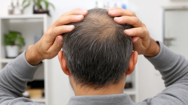 Man examining his thinning hair, graying hair, back of head view.