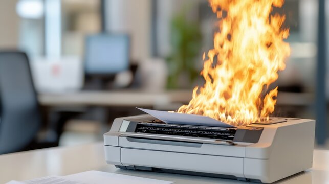 A printer on fire with flames coming out, burning paper stuck inside printer, office fire hazard.