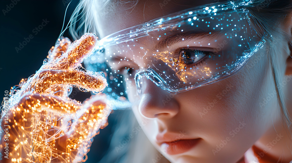 Poster image showcases a futuristic child with glowing technology. suggests augmented reality or a digital 