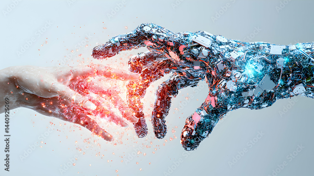 Poster a futuristic image showing the fusion of human and artificial intelligence. suggests collaboration b