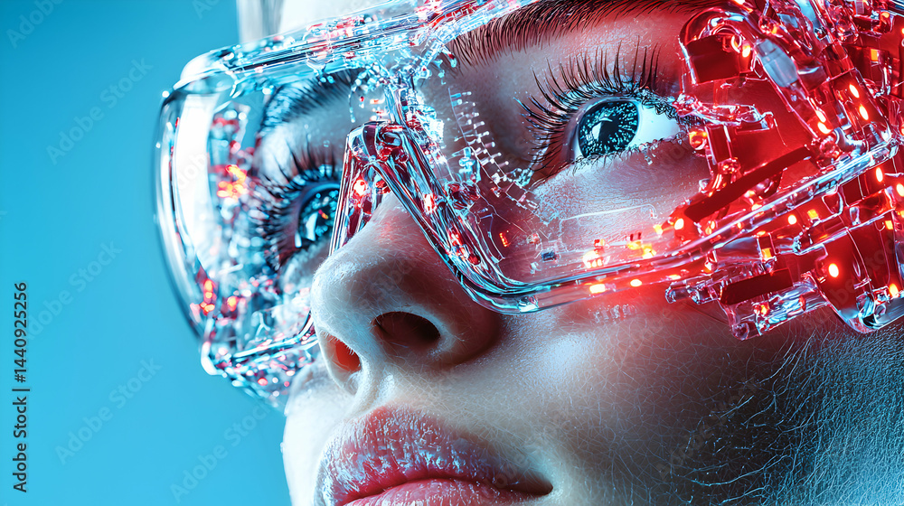 Poster futuristic image of a person wearing high-tech augmented reality glasses. suggests immersive digital