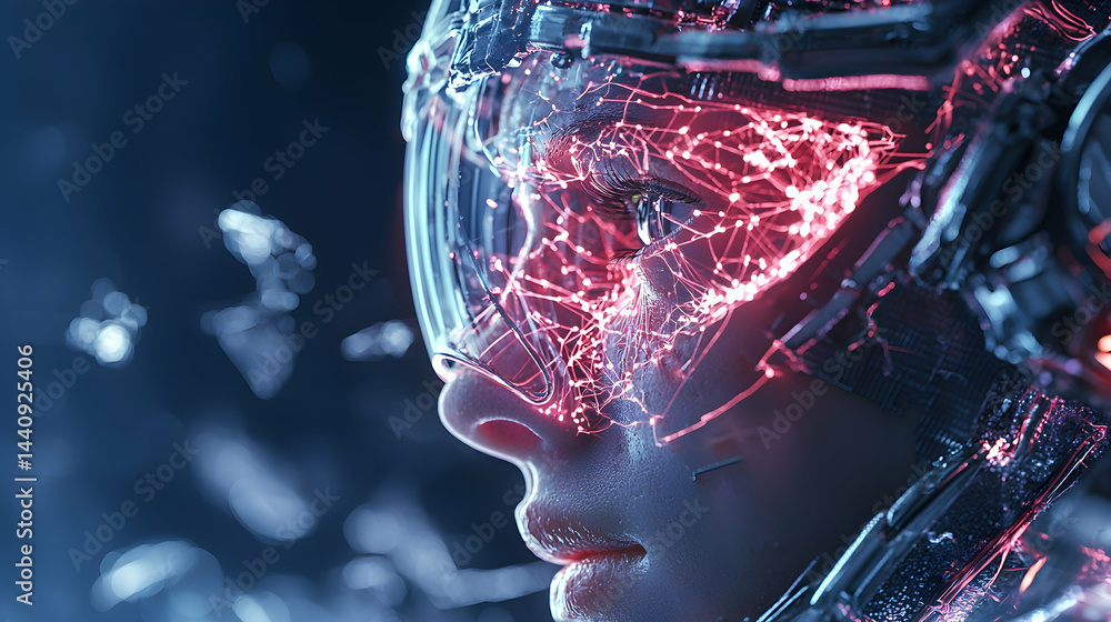 Poster a futuristic portrait depicts a person's face intertwined with digital networks. it suggests advance