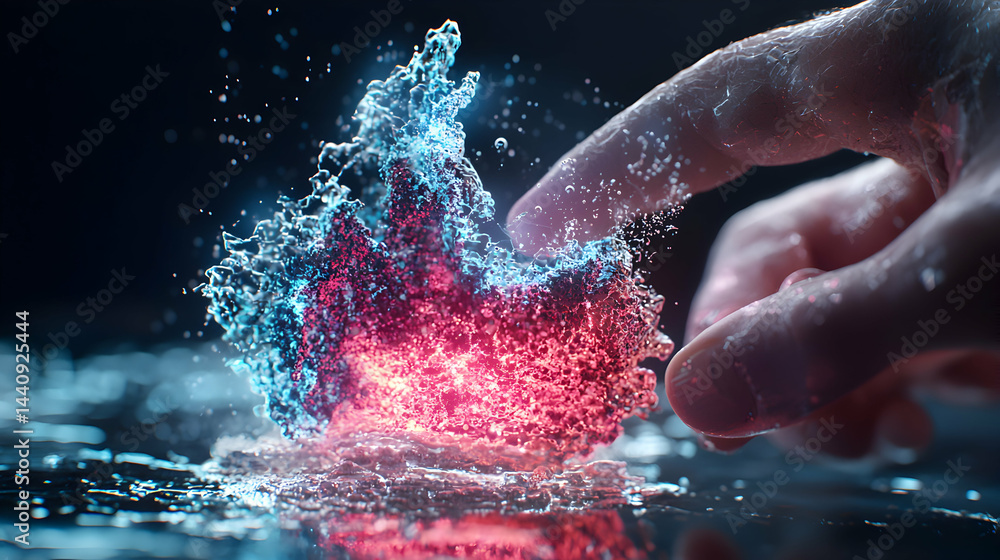 Poster abstract depiction of touch featuring a finger interacting with a dynamic flow of vibrant particles 