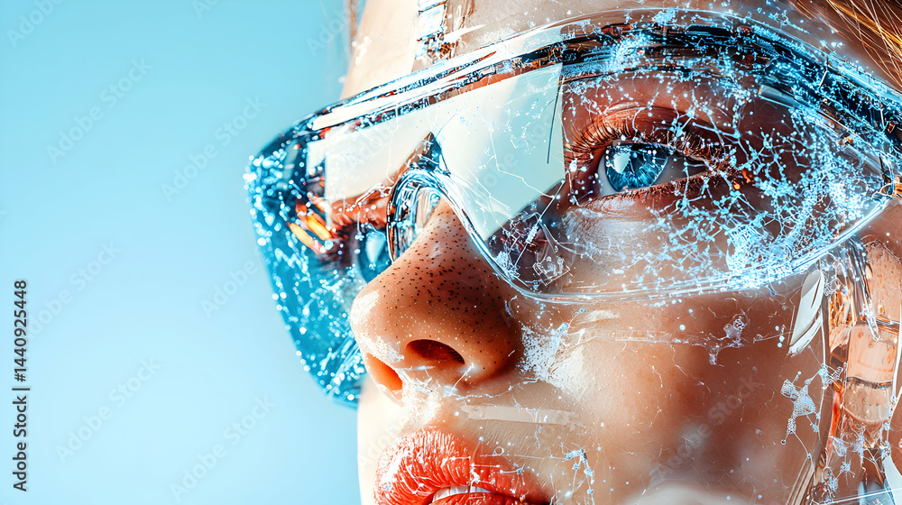 Poster futuristic image of a person with augmented reality goggles. this design suggests advancements in te