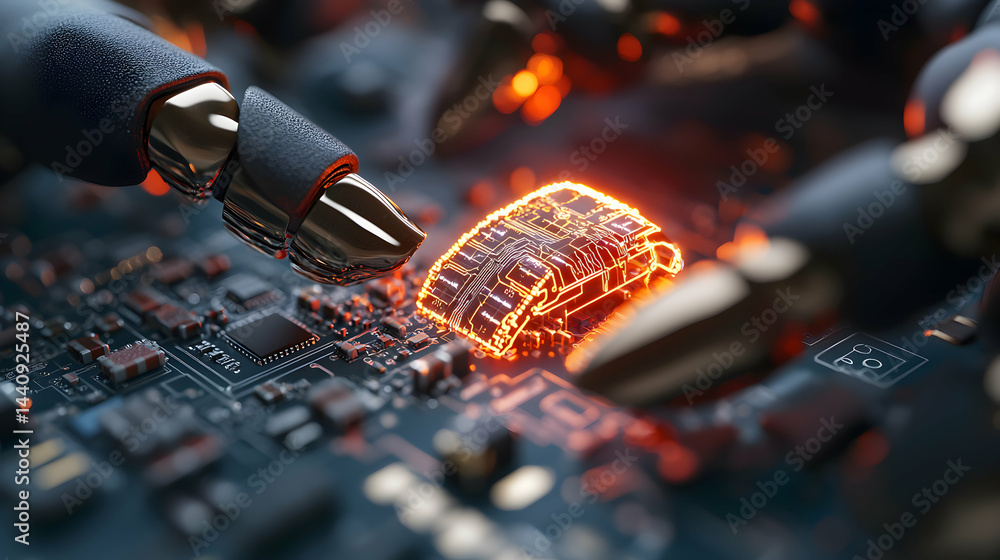 Poster a futuristic tech image shows robotic arms interacting with a glowing circuit board. this could be u
