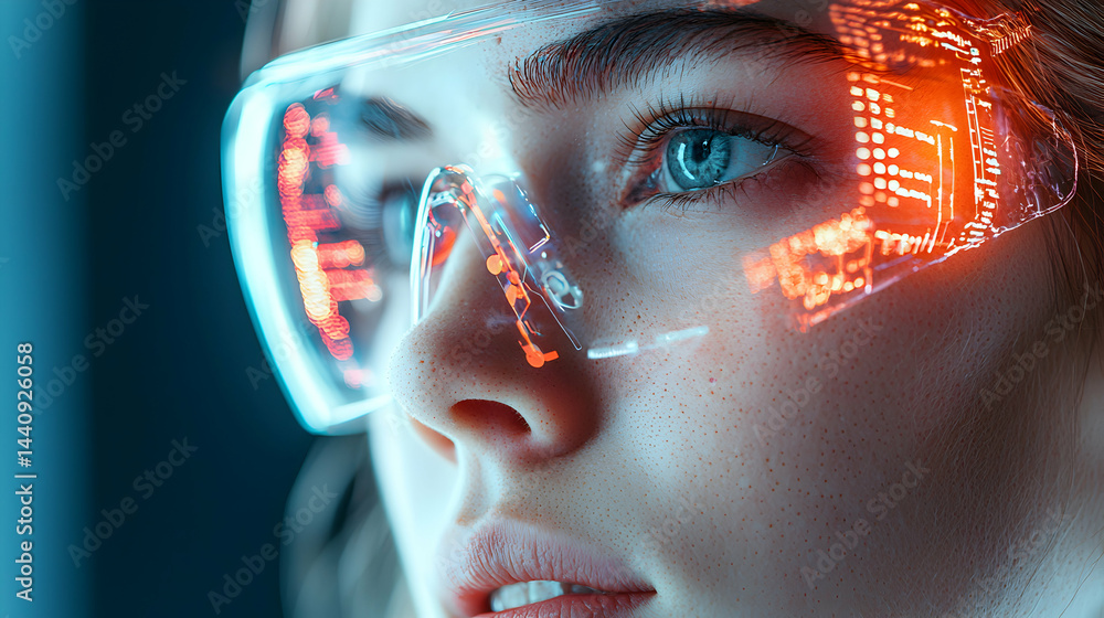 Poster a futuristic image shows a person wearing augmented reality glasses. the glasses project data. great