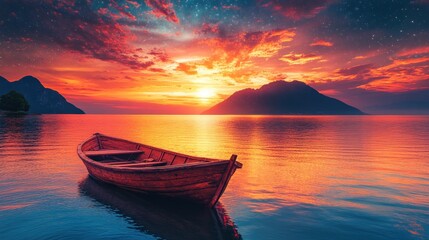 Serene Sunset: A Solitary Rowboat on a Tranquil Lake