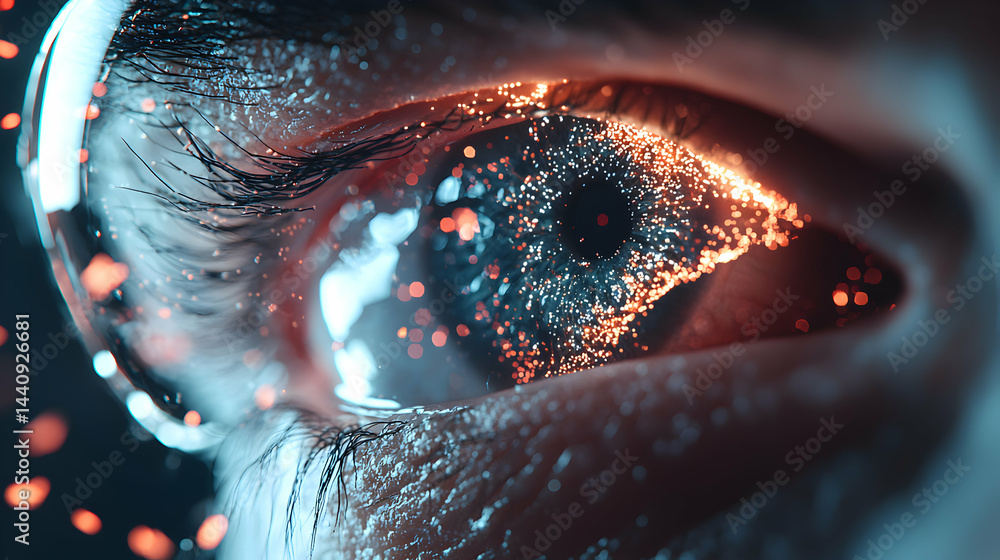 Poster digital eye art with glowing particles. futuristic vision and technology concept. suggests ai augmen