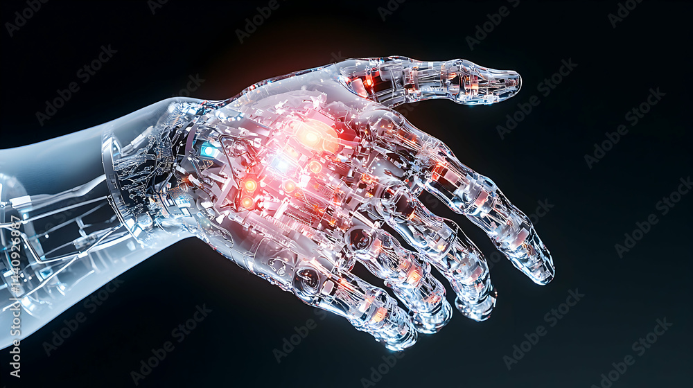 Poster a futuristic robotic hand glows with internal circuitry. suggesting advanced technology for robotics