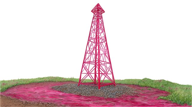 Pink metallic tower on grassy ground with pink base