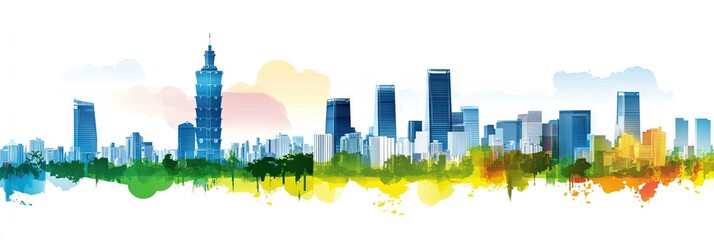 Naklejka premium 2d vector new taipei city taiwan downtown skyline 