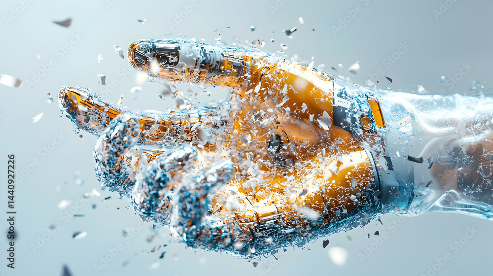 Poster a digital rendering of a robotic hand appears to be disintegrating with mechanical parts shattering.