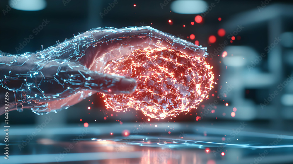 Poster a futuristic image of a hand holding a glowing brain-like structure representing artificial intellig